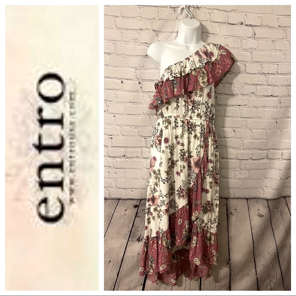 entro One-Shoulder Floral Midi Dress in Cream and Rose